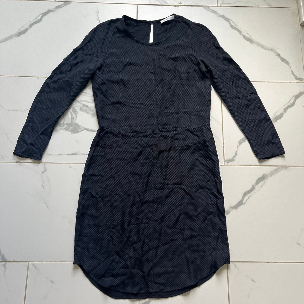 See By Chloe Black 100% silk Long Sleeve Sheath Dress Honeycomb texture Sz 4
